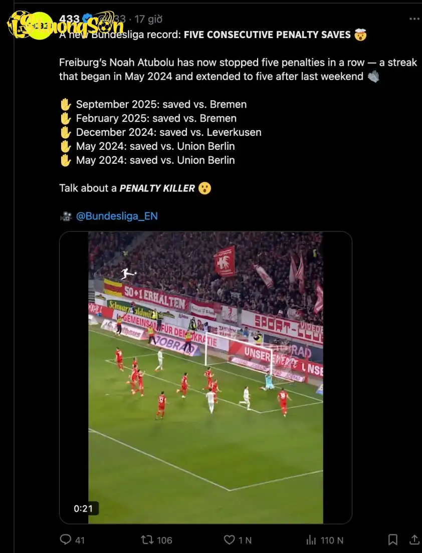 Atubolu vào lịch sử Bundesliga với kỷ lục cản phá 5 quả penalty liên tiếp.